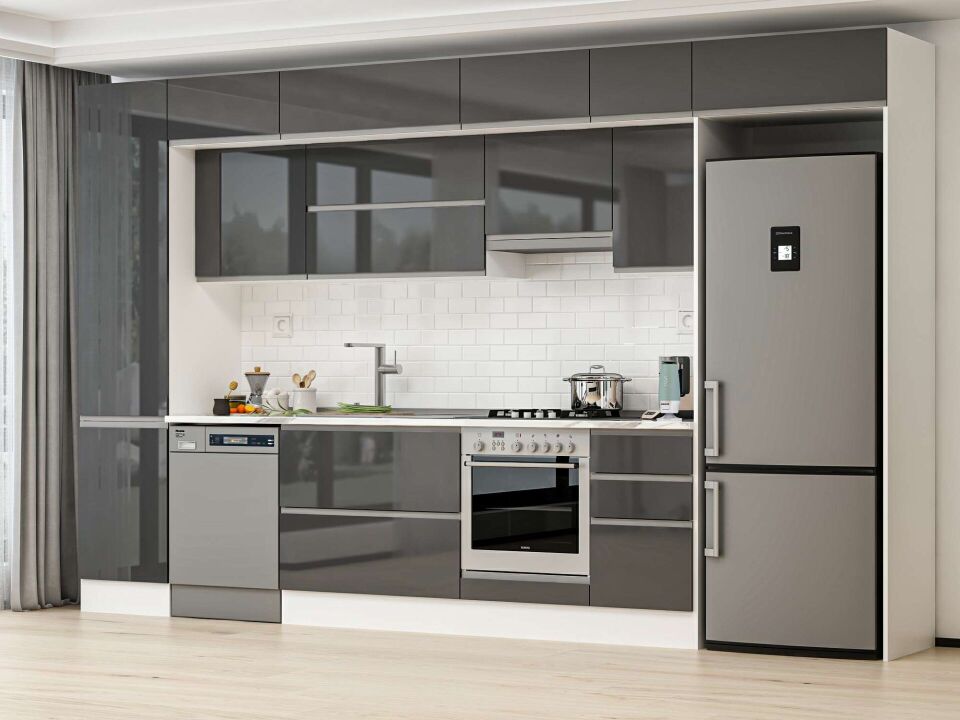 Alvinka 375X240 Cm High Gloss Mutfak Dolabı Mbb-E80B50S45-1 High Gloss | Antrasit - Mdf