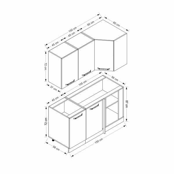Minar 150Cm Köşe Mutfak Dolabı - Beyaz/Antrasit K150-A1