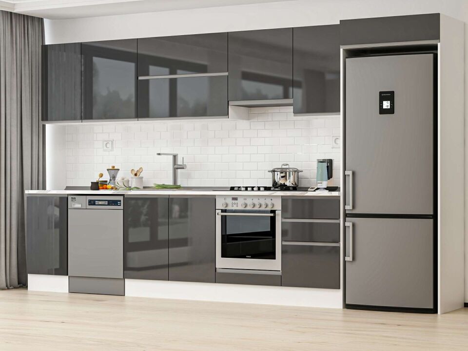 Alvinka 375X222 Cm High Gloss Mutfak Dolabı Mb-E80S45S50-1 High Gloss | Antrasit - Mdf