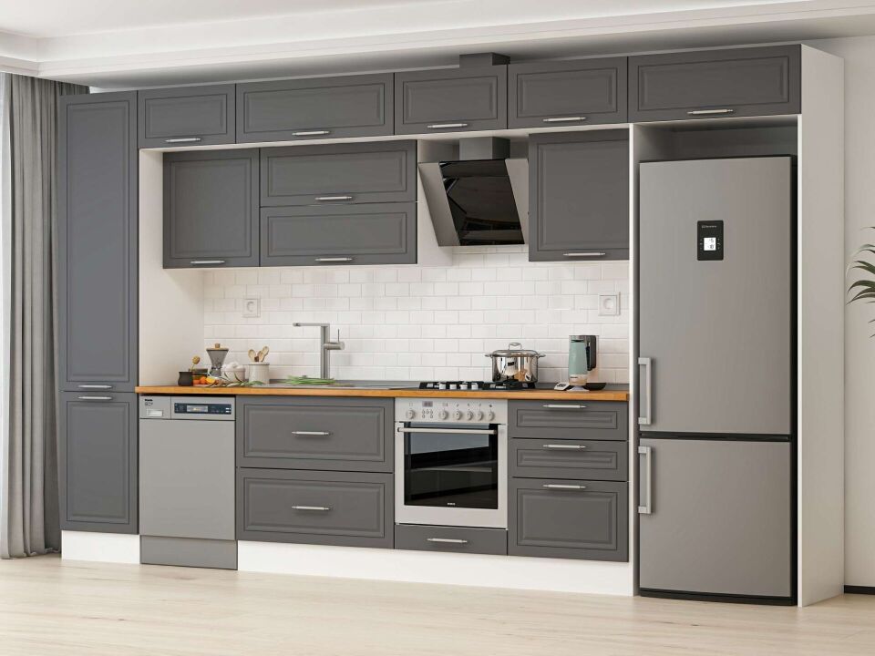 Alvinka 390X240 Cm Klasik Mebran Mutfak Dolabı Mbb-E80B50S60-2 Mebran | Antrasit - Mdf