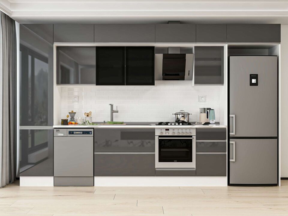 Alvinka 375X240 Cm High Gloss Mutfak Dolabı Mbb-E80B50S45-3 High Gloss | Antrasit - Mdf
