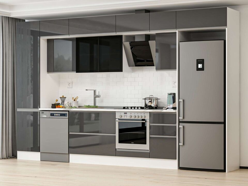 Alvinka 375X240 Cm High Gloss Mutfak Dolabı Mbb-E80B50S45-3 High Gloss | Antrasit - Mdf