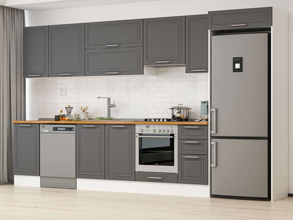 Alvinka 375X222 Cm Klasik Mebran Mutfak Dolabı Mb-E90S45S40-1 Mebran | Antrasit - Mdf