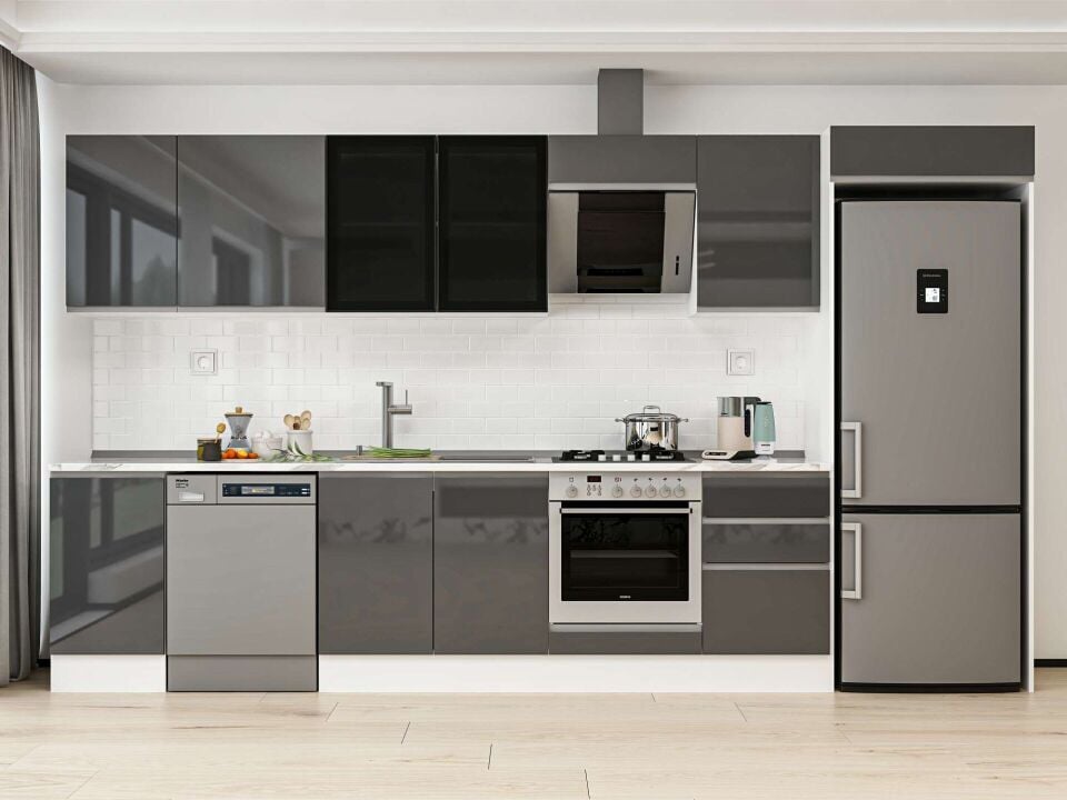 Alvinka 375X222 Cm High Gloss Mutfak Dolabı Mb-E80S45S50-3 High Gloss | Antrasit - Mdf