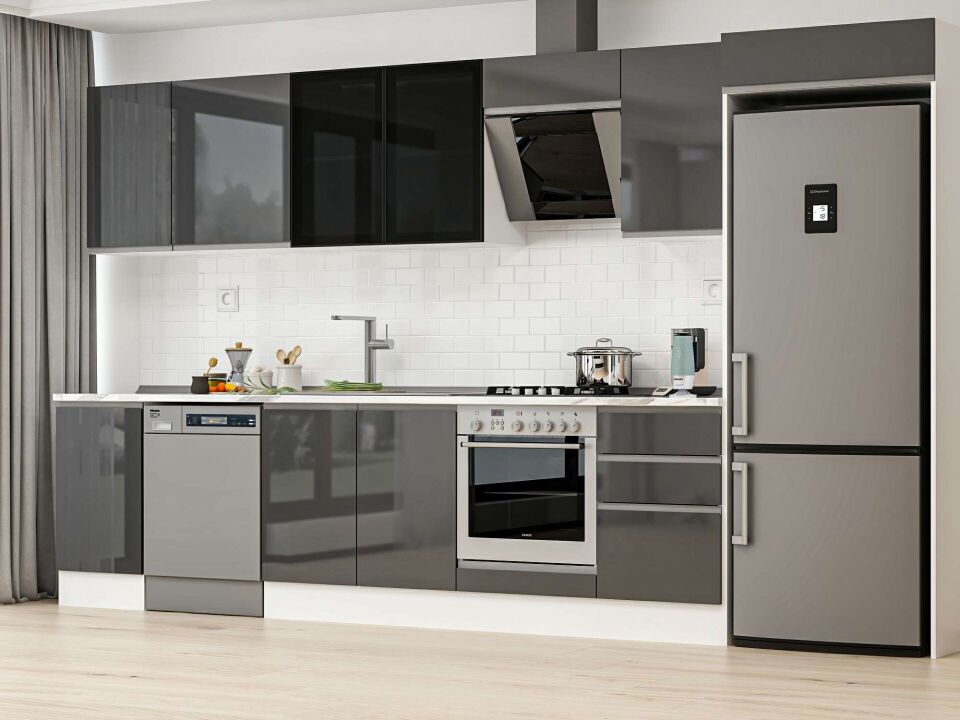 Alvinka 375X222 Cm High Gloss Mutfak Dolabı Mb-E80S45S50-3 High Gloss | Antrasit - Mdf
