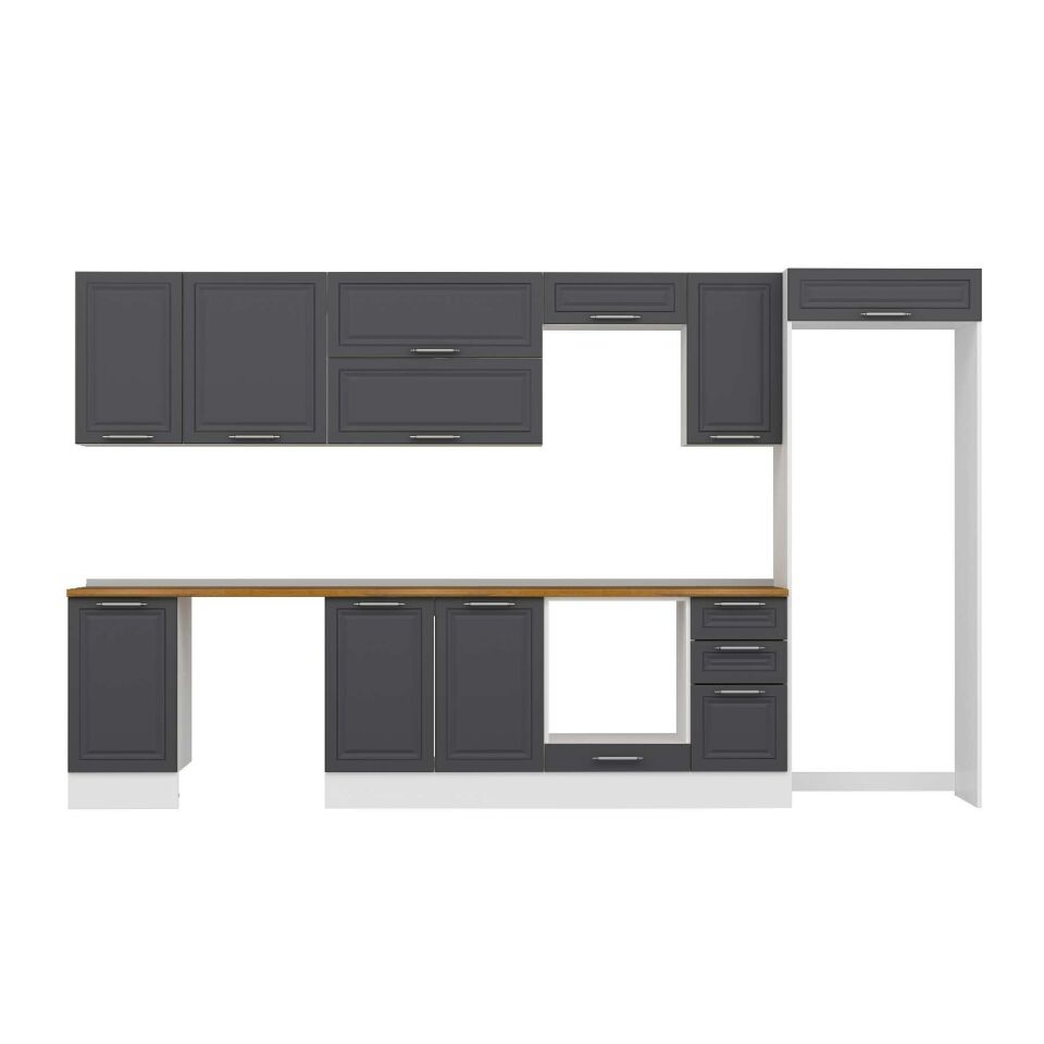 Alvinka 375X222 Cm Klasik Mebran Mutfak Dolabı Mb-E90S45S40-2 Mebran | Antrasit - Suntalam