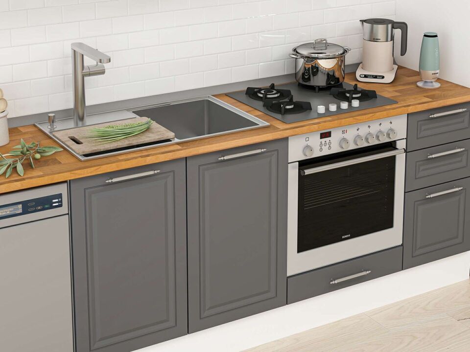 Alvinka 375X222 Cm Klasik Mebran Mutfak Dolabı Mb-E90S45S40-3 Mebran | Antrasit - Mdf