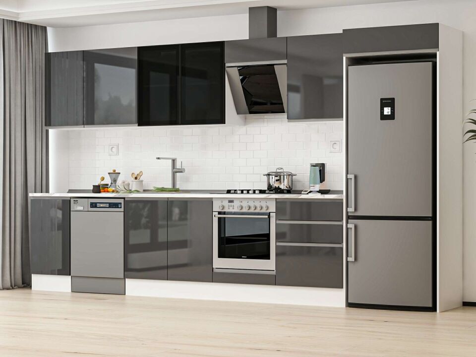 Alvinka 385X222 Cm High Gloss Mutfak Dolabı Mb-E80S45S60-3 High Gloss | Antrasit - Suntalam