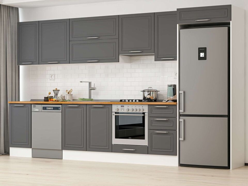 Alvinka 380X222 Cm Klasik Mebran Mutfak Dolabı Mb-E90S45S45-1 Mebran | Antrasit - Suntalam
