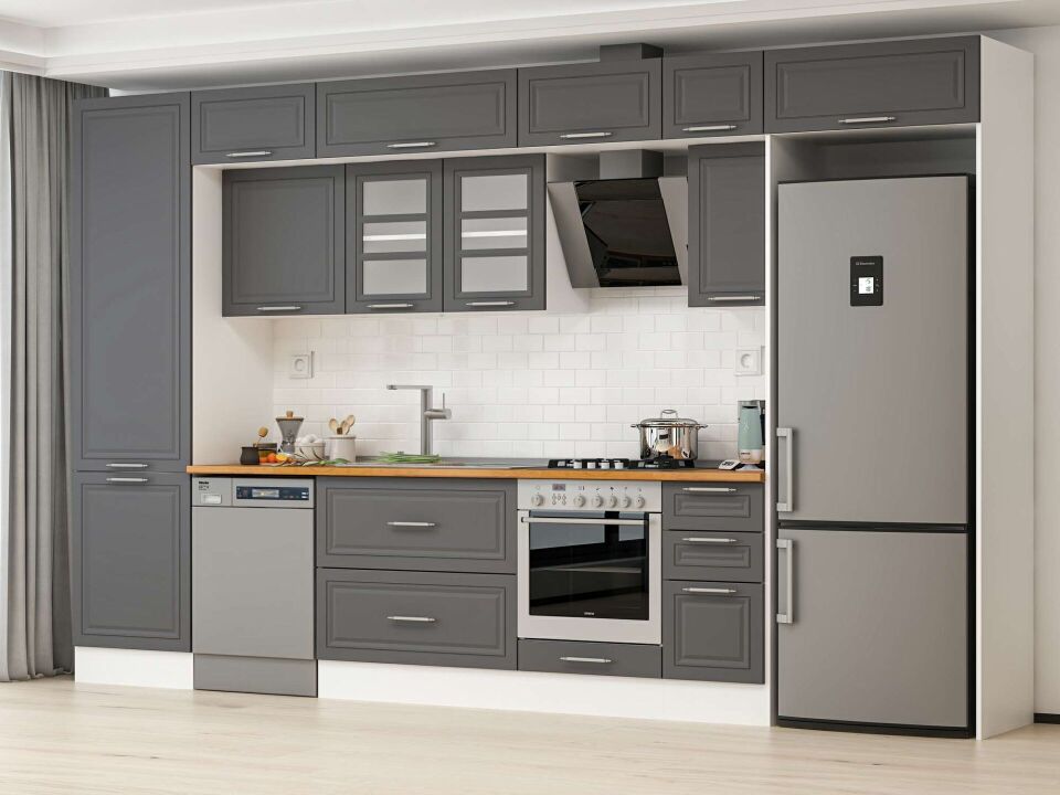 Alvinka 380X240 Cm Klasik Mebran Mutfak Dolabı Mbb-E80B60S40-3 Mebran | Antrasit - Suntalam