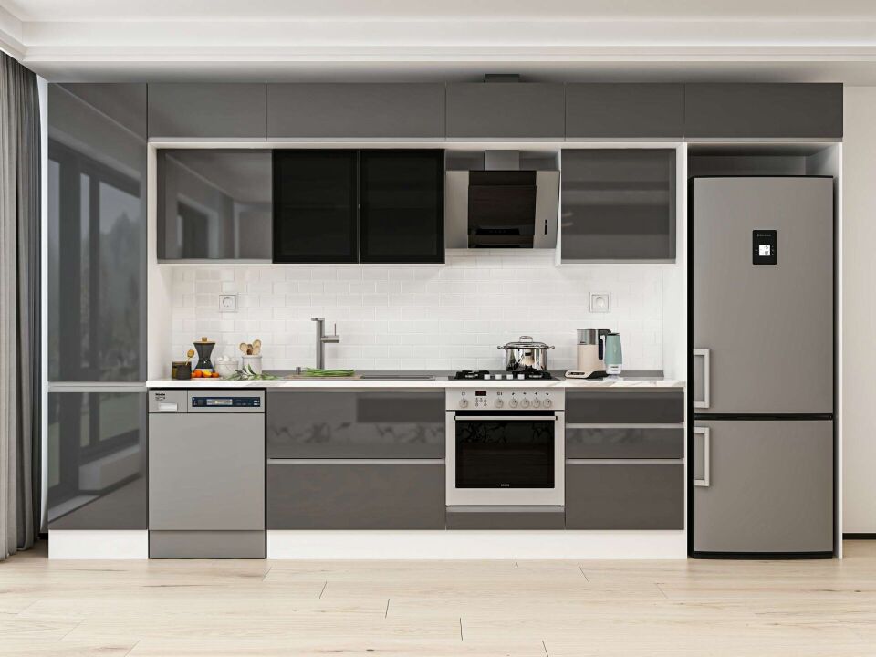 Alvinka 390X240 Cm High Gloss Mutfak Dolabı Mbb-E80B50S60-3 High Gloss | Antrasit - Mdf