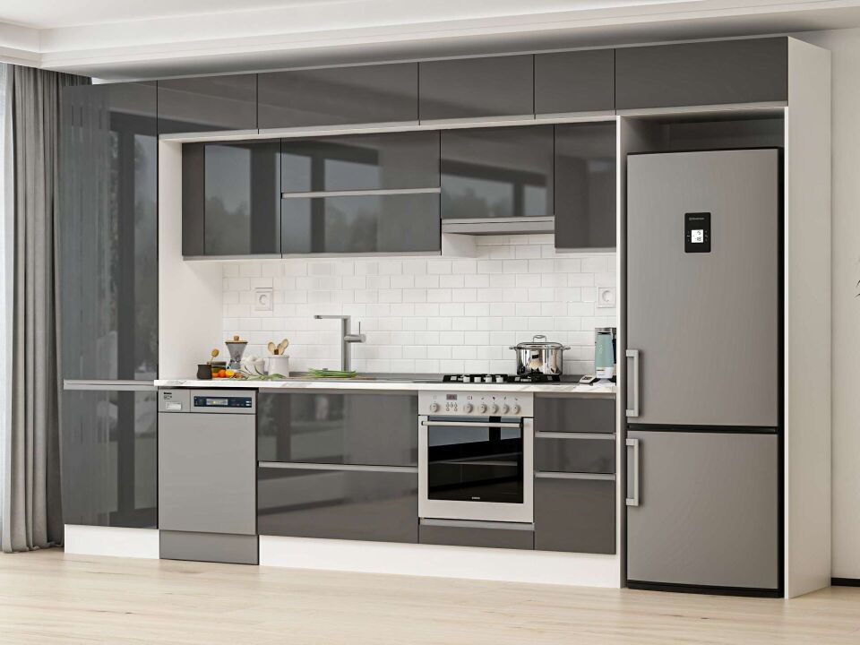 Alvinka 380X240 Cm High Gloss Mutfak Dolabı Mbb-E80B60S40-1 High Gloss | Antrasit - Suntalam