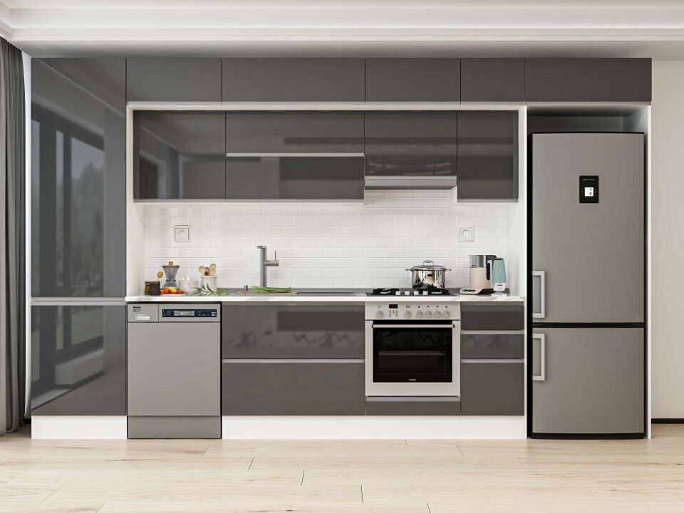 Alvinka 380X240 Cm High Gloss Mutfak Dolabı Mbb-E80B60S40-1 High Gloss | Antrasit - Mdf