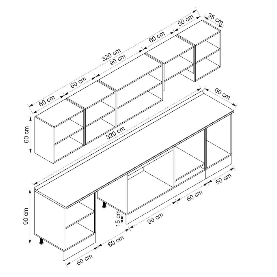 Alvinka 320X210 Cm Klasik Mebran Mutfak Dolabı M-E90S60S50-1 Mebran | Antrasit - Mdf