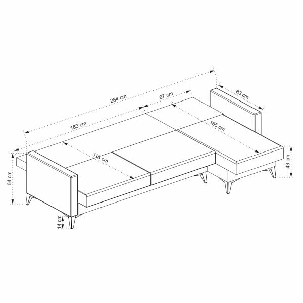 Kristal (3+D) Uzanmalı Köşe Koltuk Takımı Koyu Gri