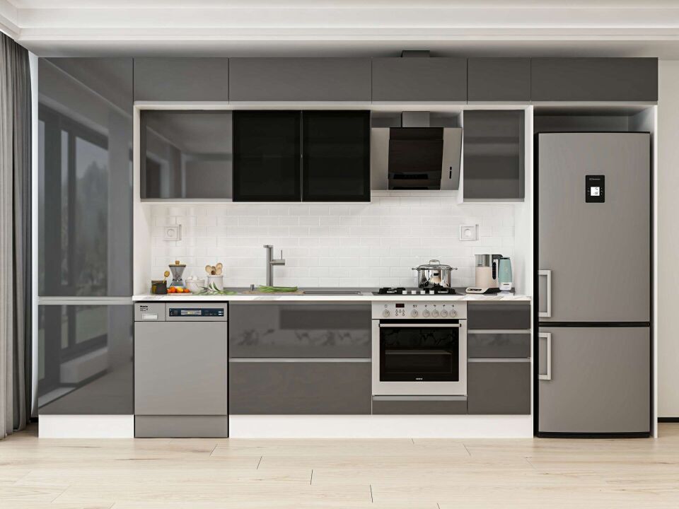 Alvinka 380X240 Cm High Gloss Mutfak Dolabı Mbb-E80B60S40-3 High Gloss | Antrasit - Mdf