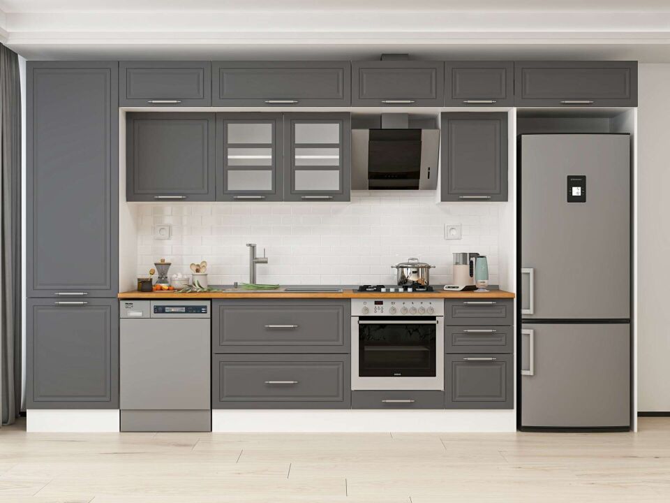 Alvinka 385X240 Cm Klasik Mebran Mutfak Dolabı Mbb-E80B60S45-3 Mebran | Antrasit - Mdf