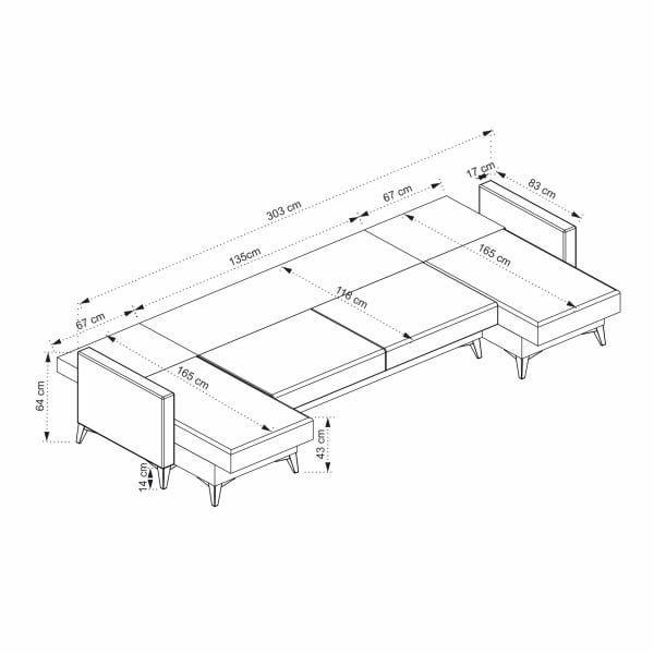 Kristal (D+2+D) Uzanmalı Köşe Koltuk Takımı Koyu Gri