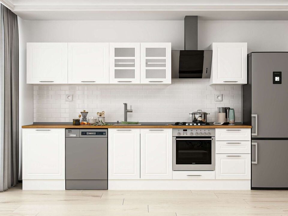 Alvinka 320X210 Cm Klasik Mebran Mutfak Dolabı M-E90S60S50-3 Mebran | Beyaz - Mdf