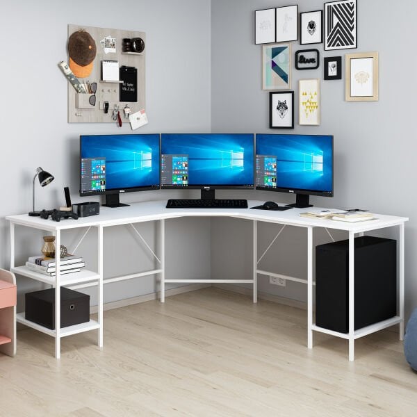 Power Raflı L Köşe Çalışma Masası - Beyaz