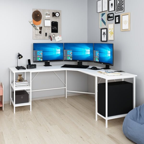 Power Raflı L Köşe Çalışma Masası - Beyaz