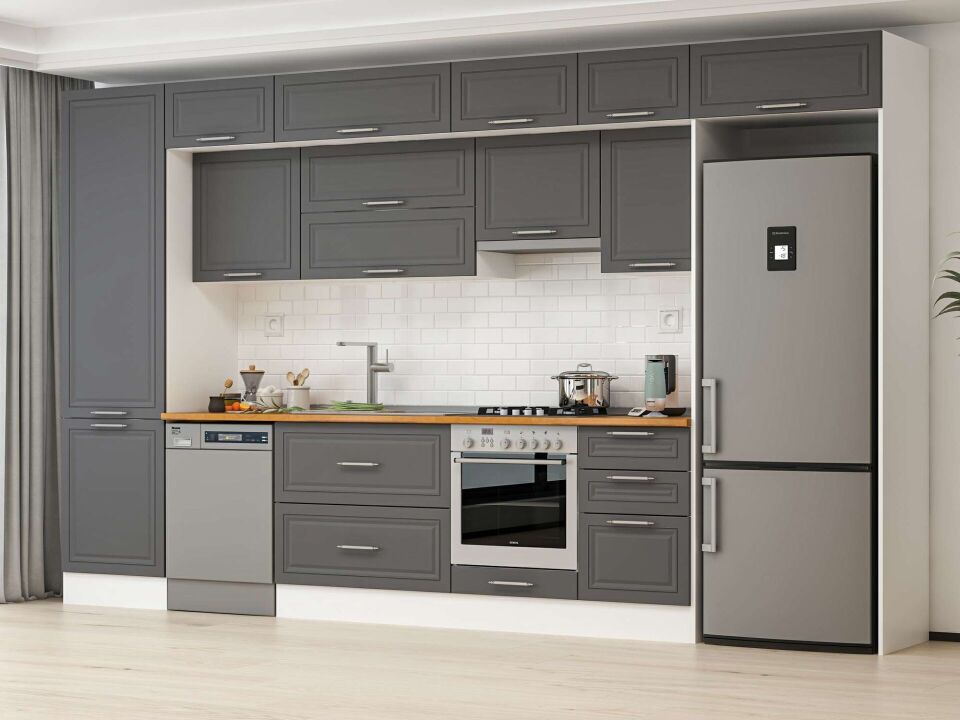 Alvinka 390X240 Cm Klasik Mebran Mutfak Dolabı Mbb-E80B60S50-1 Mebran | Antrasit - Suntalam