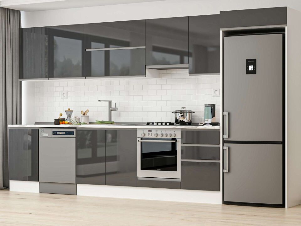 Alvinka 380X222 Cm High Gloss Mutfak Dolabı Mb-E80S50S50-1 High Gloss | Antrasit - Suntalam
