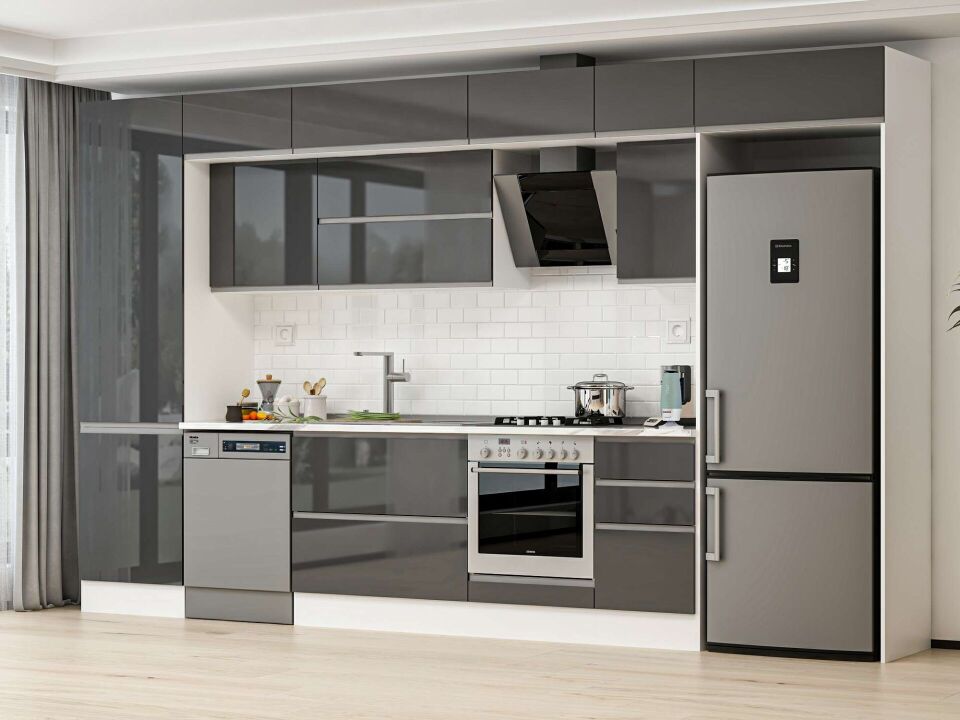 Alvinka 385X240 Cm High Gloss Mutfak Dolabı Mbb-E80B60S45-2 High Gloss | Antrasit - Suntalam