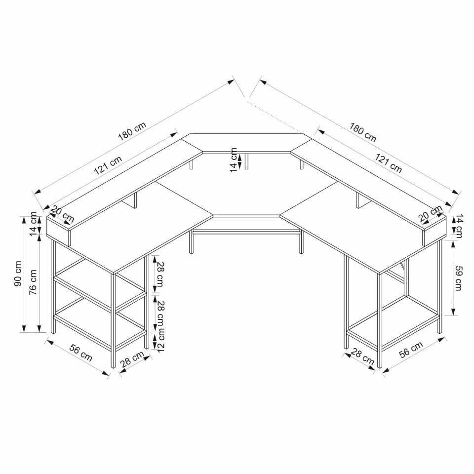 Power Monitör Raflı L Köşe Çalışma Masası - Siyah