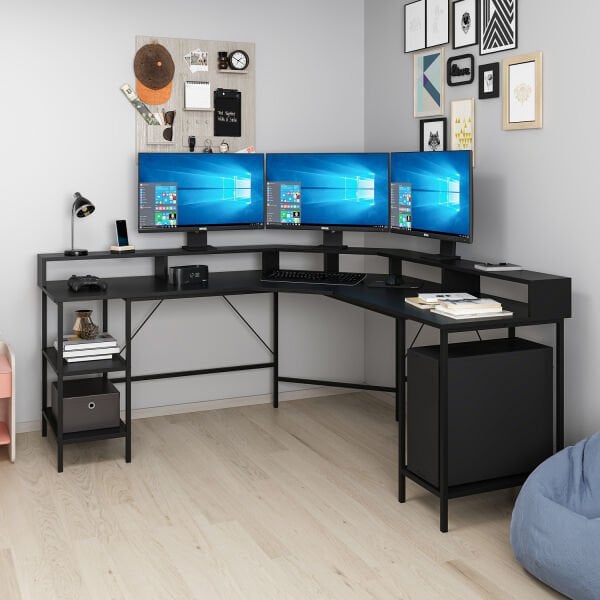 Power Monitör Raflı L Köşe Çalışma Masası - Siyah