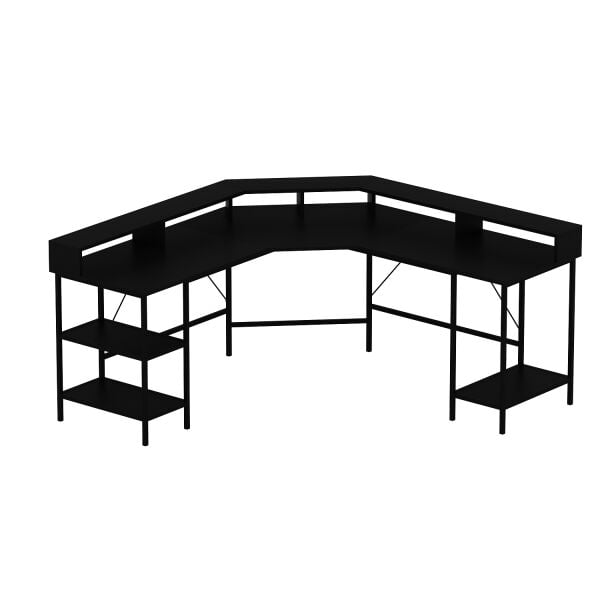 Power Monitör Raflı L Köşe Çalışma Masası - Siyah