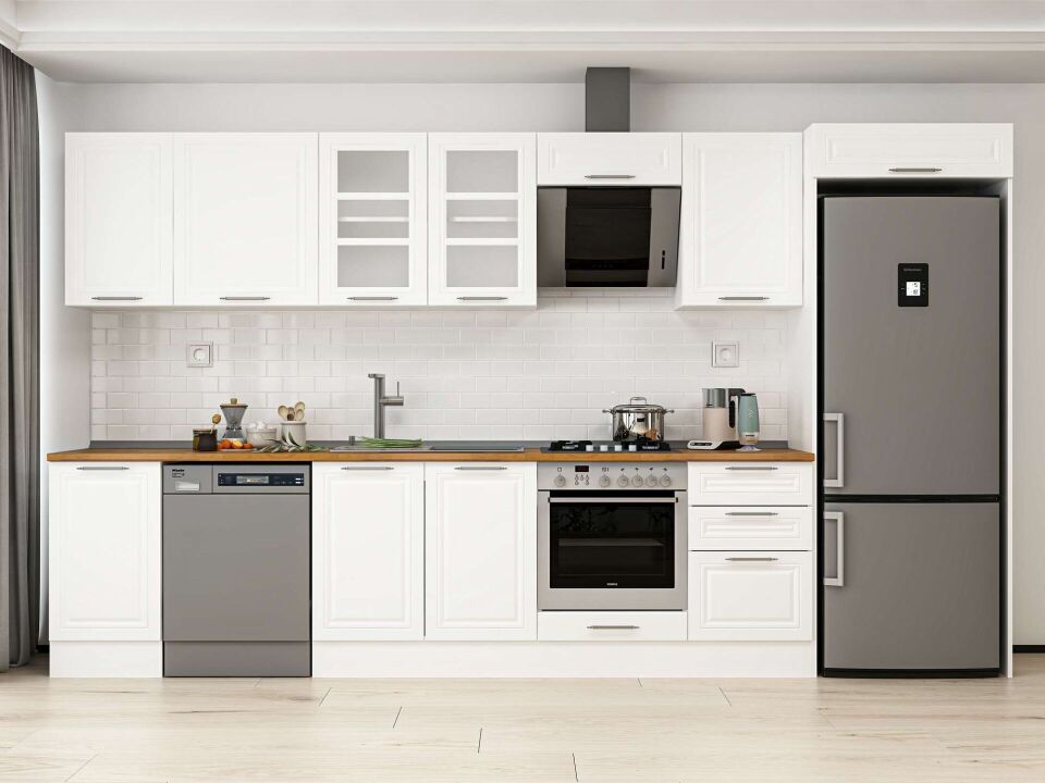 Alvinka 385X222 Cm Klasik Mebran Mutfak Dolabı Mb-E90S45S50-3 Mebran | Beyaz - Mdf