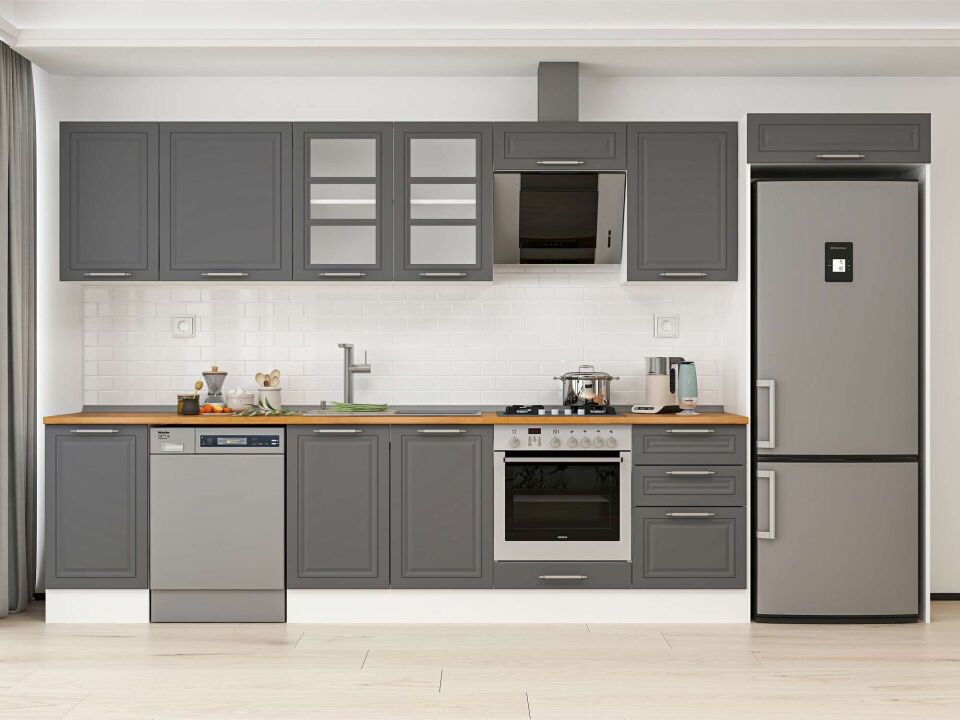 Alvinka 385X222 Cm Klasik Mebran Mutfak Dolabı Mb-E90S45S50-3 Mebran | Antrasit - Mdf