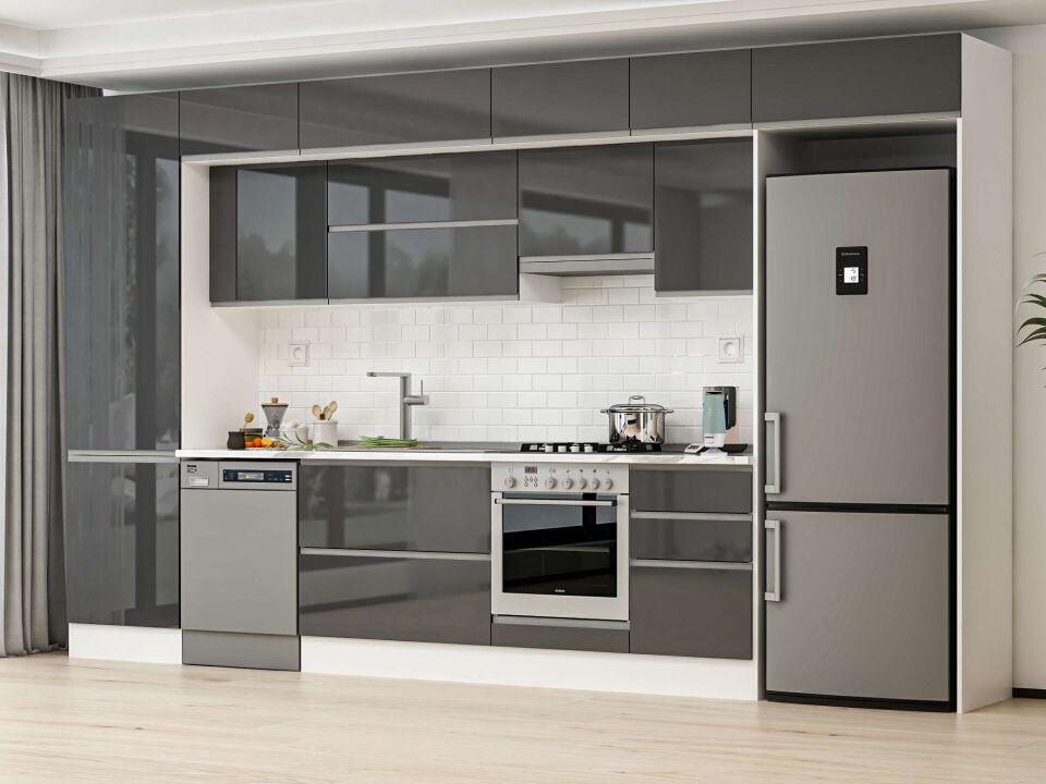 Alvinka 390X240 Cm High Gloss Mutfak Dolabı Mbb-E80B60S50-1 High Gloss | Antrasit - Suntalam