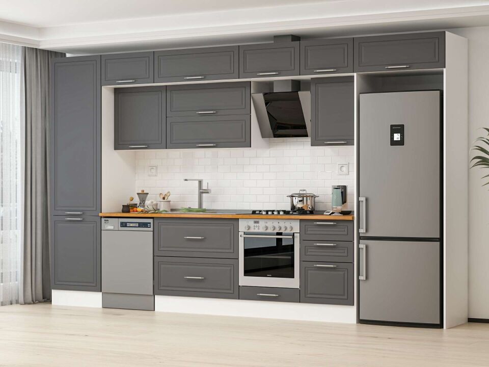Alvinka 390X240 Cm Klasik Mebran Mutfak Dolabı Mbb-E80B60S50-2 Mebran | Antrasit - Mdf