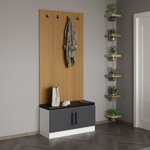 Minar Kale Dekor Panel Ayakkabılık Minderli Beyaz Antrasit