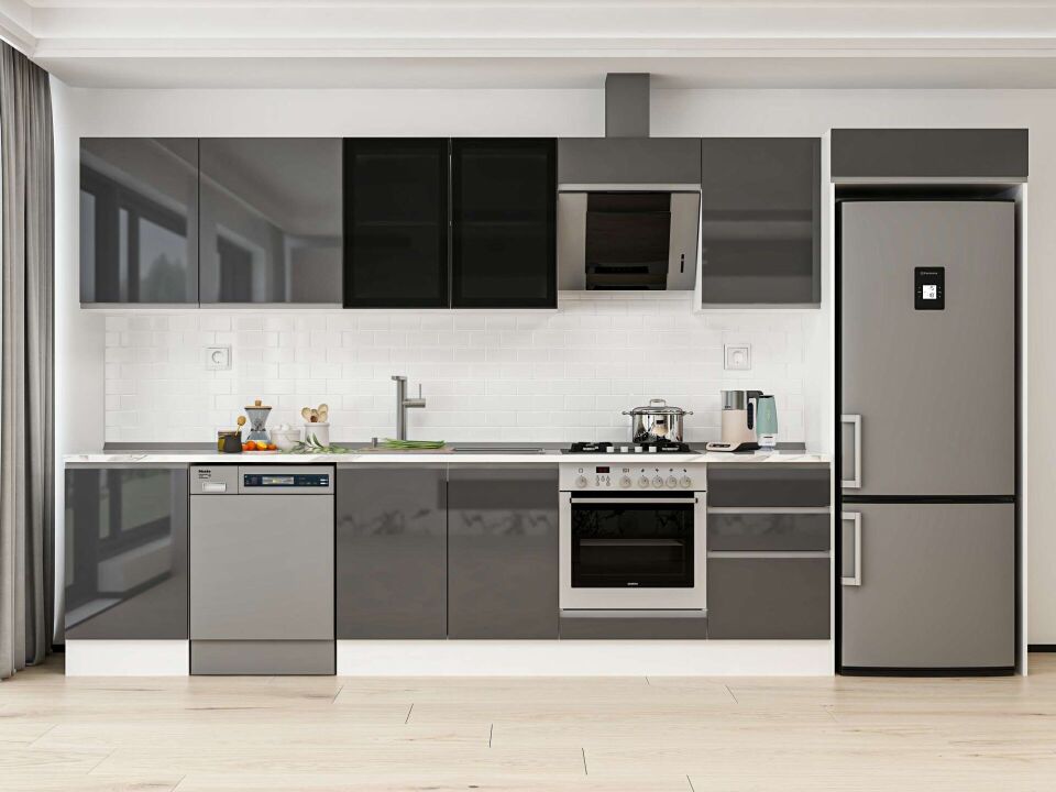 Alvinka 380X222 Cm High Gloss Mutfak Dolabı Mb-E80S50S50-3 High Gloss | Antrasit - Mdf