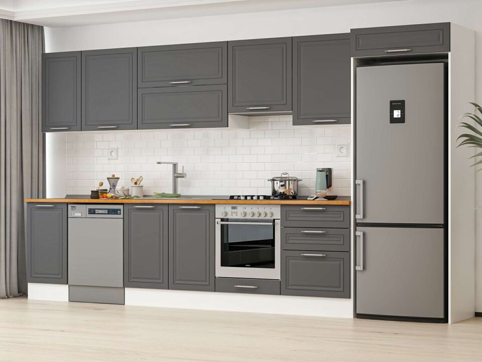 Alvinka 395X222 Cm Klasik Mebran Mutfak Dolabı Mb-E90S45S60-1 Mebran | Antrasit - Suntalam