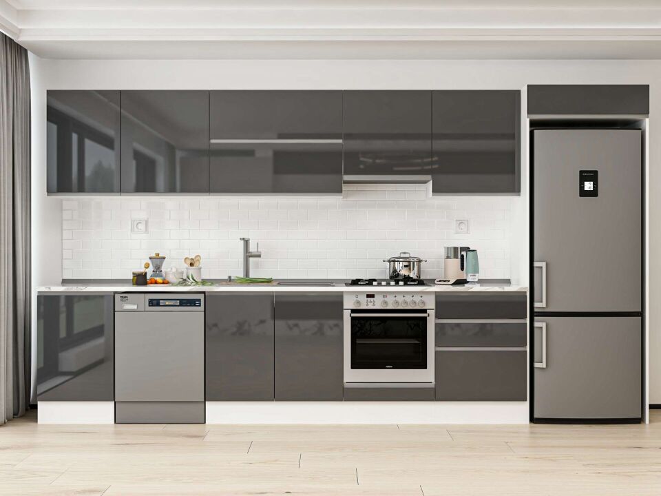 Alvinka 390X222 Cm High Gloss Mutfak Dolabı Mb-E80S50S60-1 High Gloss | Antrasit - Mdf