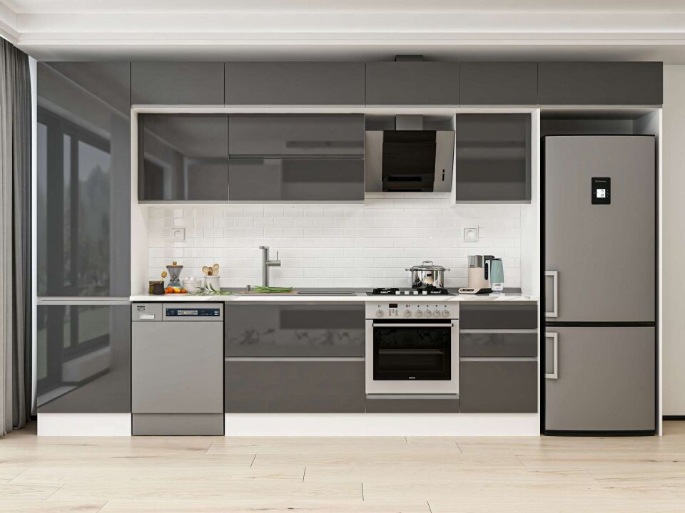 Alvinka 390X240 Cm High Gloss Mutfak Dolabı Mbb-E80B60S50-2 High Gloss | Antrasit - Mdf