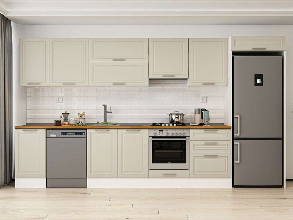 Alvinka 395X222 Cm Klasik Mebran Mutfak Dolabı Mb-E90S45S60-1 Mebran | Kumtaşı - Mdf