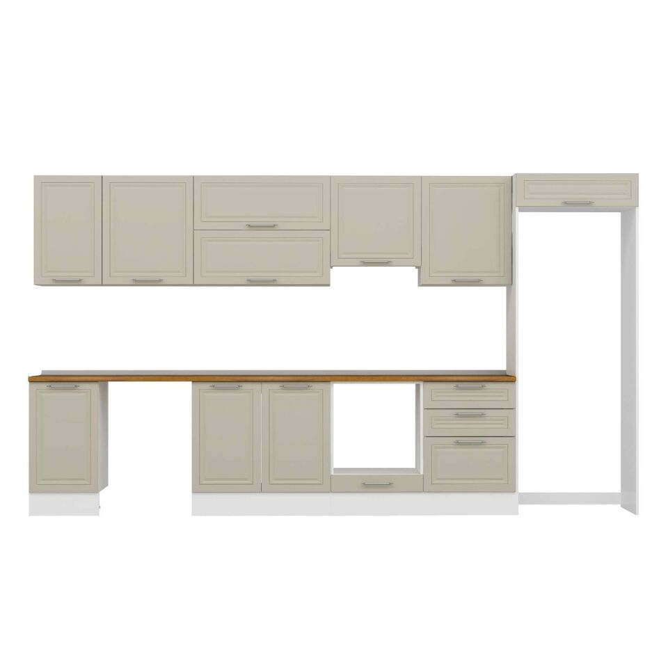 Alvinka 395X222 Cm Klasik Mebran Mutfak Dolabı Mb-E90S45S60-1 Mebran | Kumtaşı - Mdf