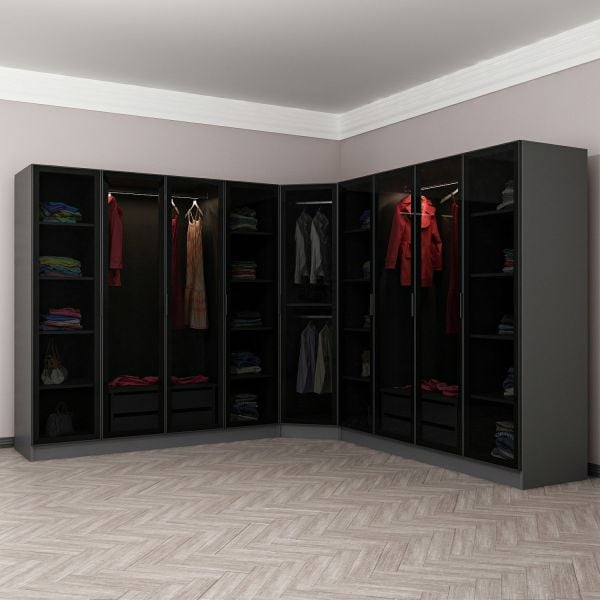 Kale 9 Füme Cam Kapaklı 4Ç Köşe Dolap Antrasit Füme Cam