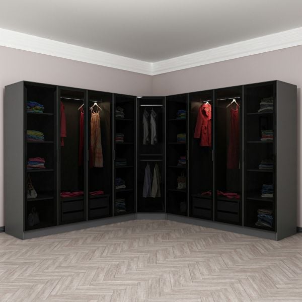 Kale 9 Füme Cam Kapaklı 4Ç Köşe Dolap Antrasit Füme Cam