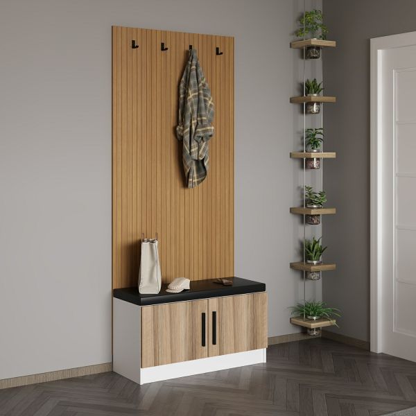 Minar Kale Dekor Panel Ayakkabılık Minderli Beyaz Dore