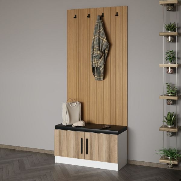 Minar Kale Dekor Panel Ayakkabılık Minderli Beyaz Dore