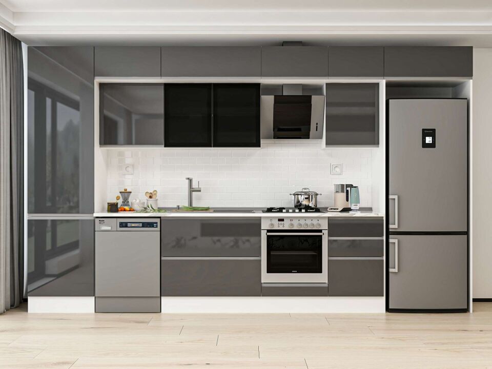 Alvinka 390X240 Cm High Gloss Mutfak Dolabı Mbb-E80B60S50-3 High Gloss | Antrasit - Mdf