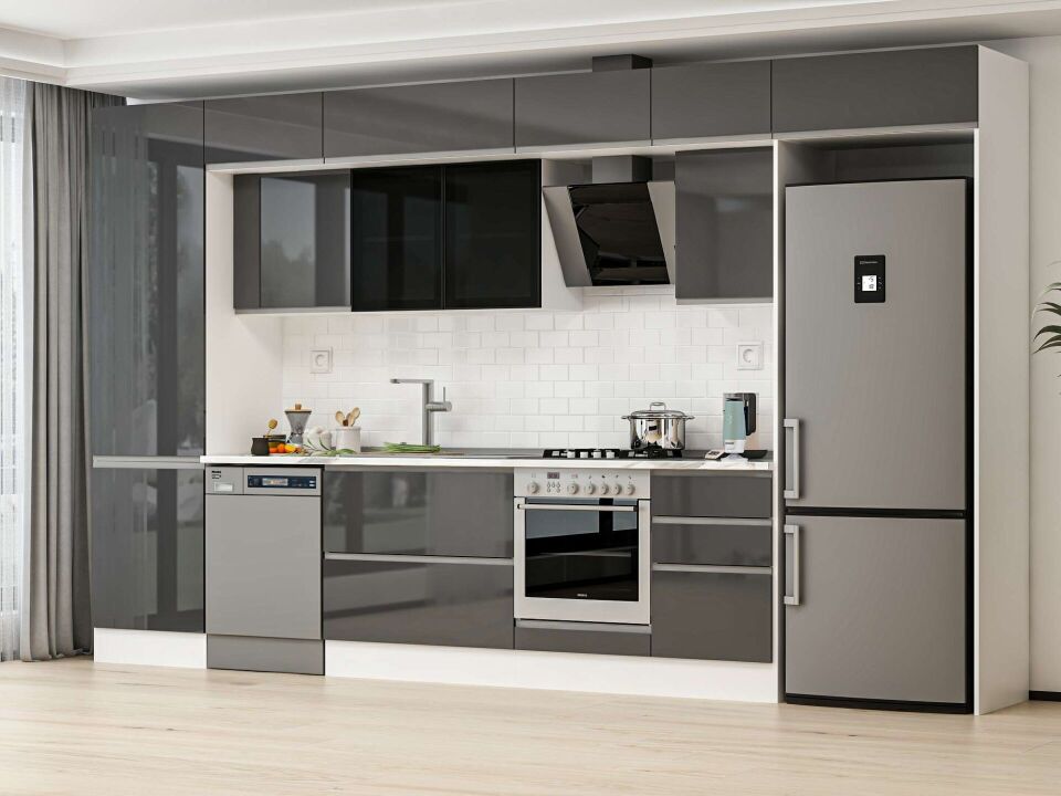 Alvinka 390X240 Cm High Gloss Mutfak Dolabı Mbb-E80B60S50-3 High Gloss | Antrasit - Mdf