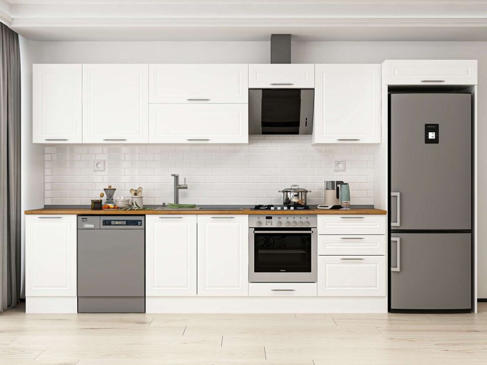 Alvinka 395X222 Cm Klasik Mebran Mutfak Dolabı Mb-E90S45S60-2 Mebran | Beyaz - Mdf