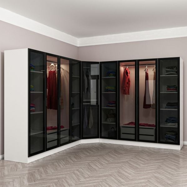 Kale 9 Füme Cam Kapaklı 4Ç Köşe Dolap Beyaz Füme Cam